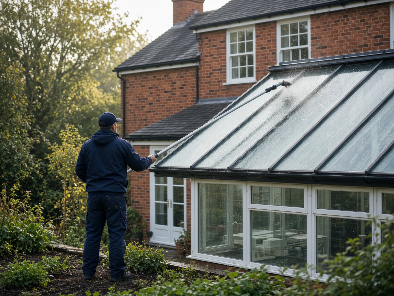 Window cleaner using a water-fed pole on a conservatory roof in a suburban garden.
