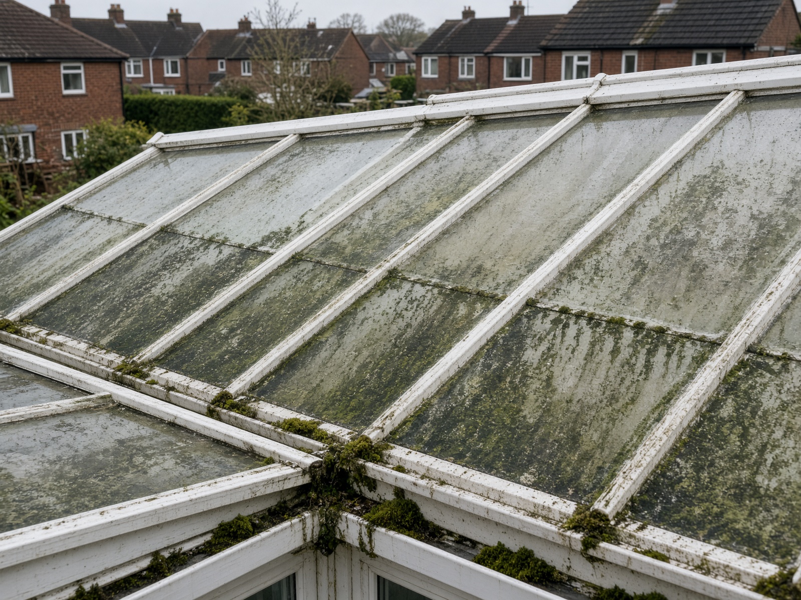 Algae and lichen on a neglected conservatory roof.