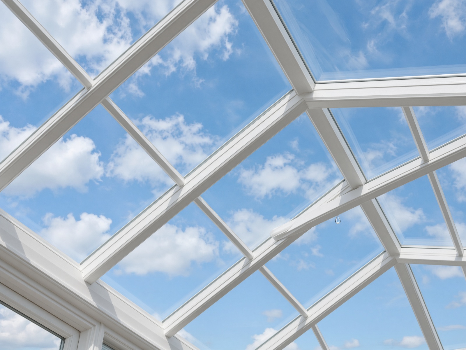 Crystal-clear conservatory roof looking up to a blue sky.