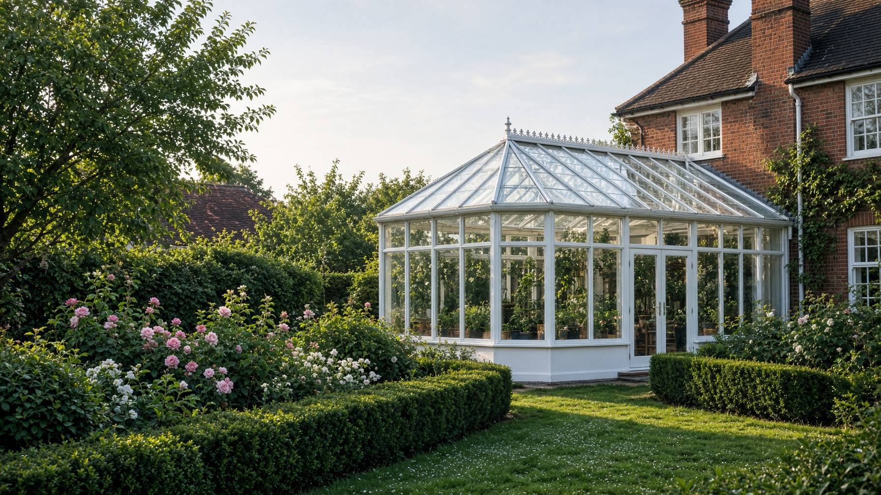 Victorian conservatory on a red-brick Essex house, glass sparkling in morning light.